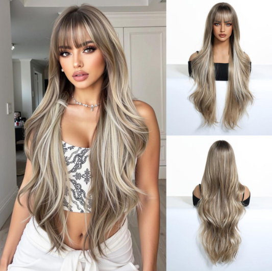 Peluca Clásica 26 Pulgadas Rubio con Mechas Doradas | Fibra Premium Resistente al Calor y Apariencia Natural