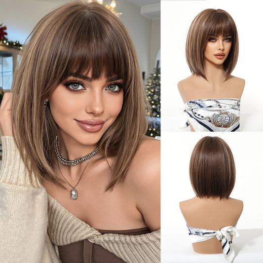 Peluca Clásica 10 Pulgadas cafe con mechas  | Ondas Naturales | Ross Wigs