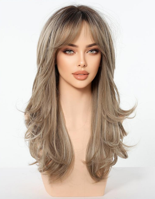 Peluca Clásica 16 Pulgadas Rubio Cenizo con Mechas Doradas | Fibra Premium Resistente al Calor y Apariencia Natural