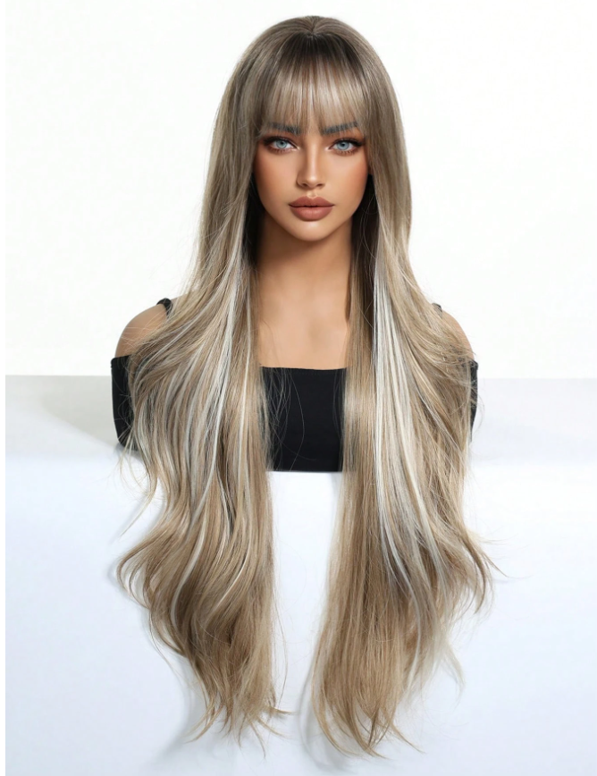Peluca Clásica 26 Pulgadas Rubio con Mechas Doradas | Fibra Premium Resistente al Calor y Apariencia Natural
