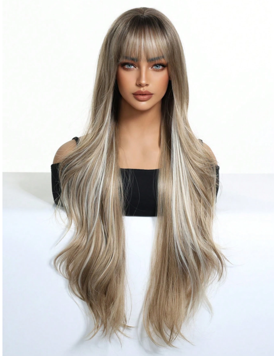 Peluca Clásica 26 Pulgadas Rubio con Mechas Doradas | Fibra Premium Resistente al Calor y Apariencia Natural