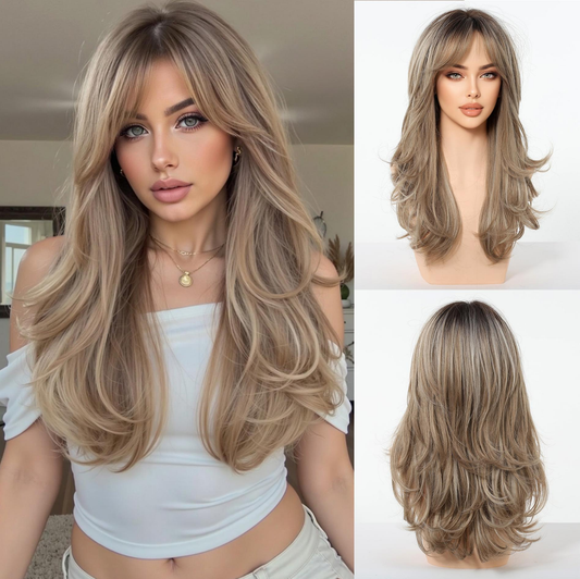Peluca Clásica 16 Pulgadas Rubio Cenizo con Mechas Doradas | Fibra Premium Resistente al Calor y Apariencia Natural