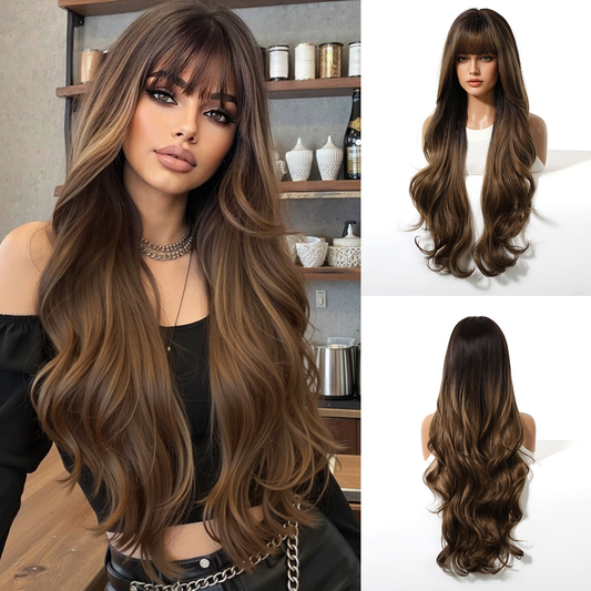 Peluca Clásica 28 Pulgadas cafe con mechas  | Ondas Naturales | Ross Wigs