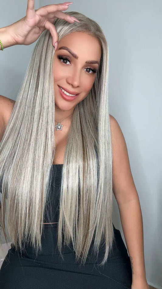 PELUCA REALISTA RUBIO CON BALAYAGE CON RAYITOS  13X6 26 PULGADAS