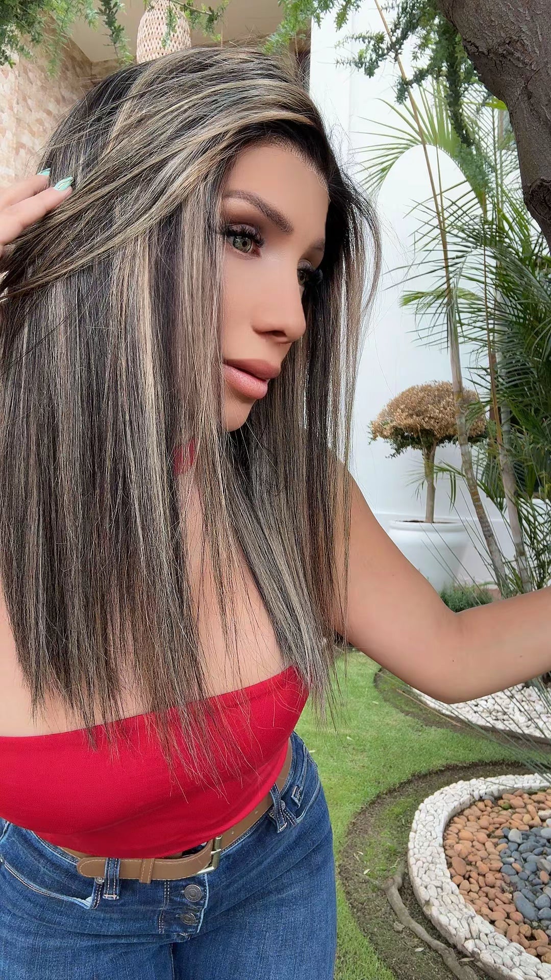 PELUCA 100% CABELLO HUMANO 18" CASTAÑA CON REFLEJOS CENIZOS | LACE FRONT 13X4