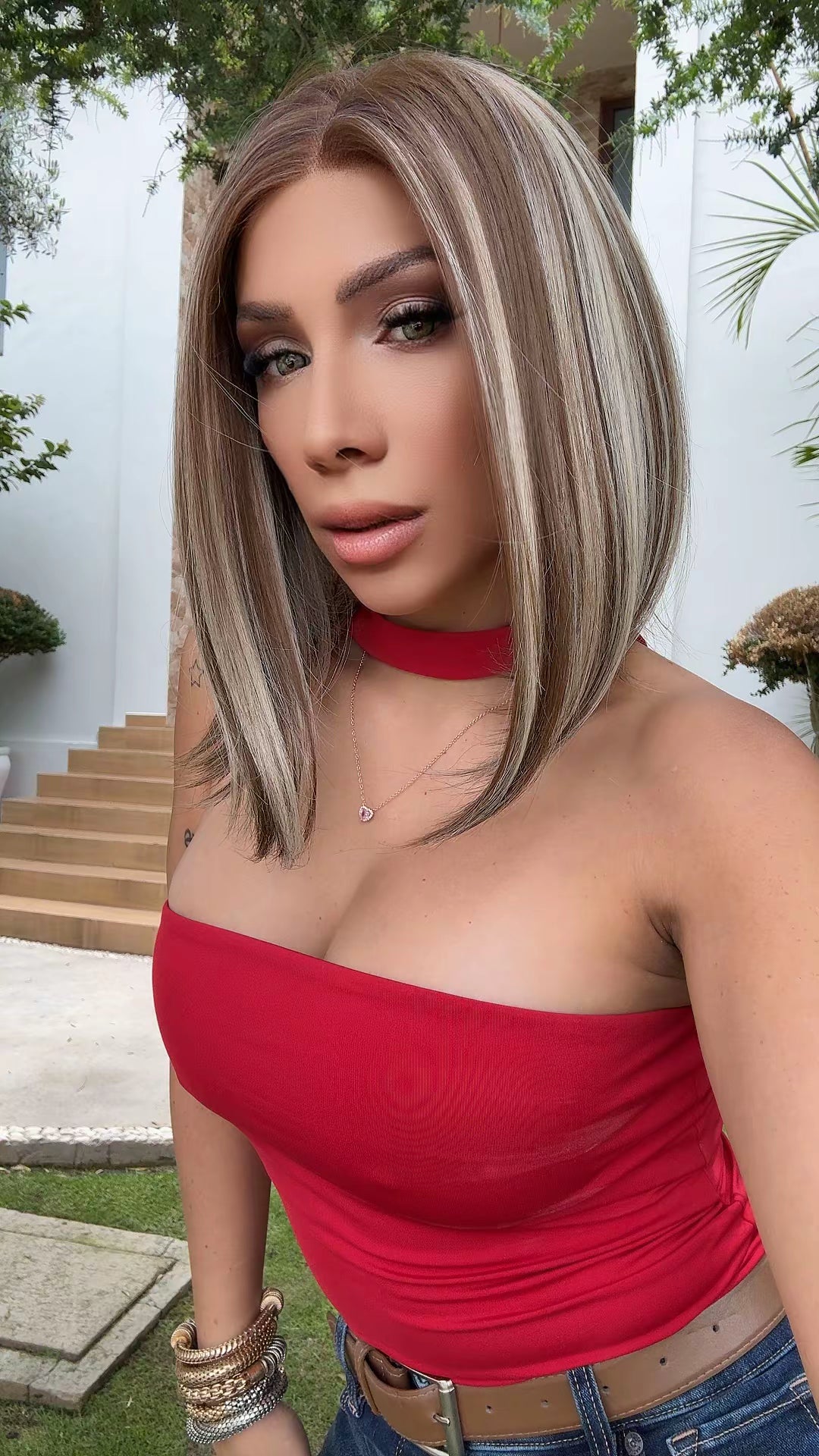 Peluca Bob Café con Mechas Beige 13x6 | Fibra Premium Realista con Lace Frontal Natural | Ross Wigs